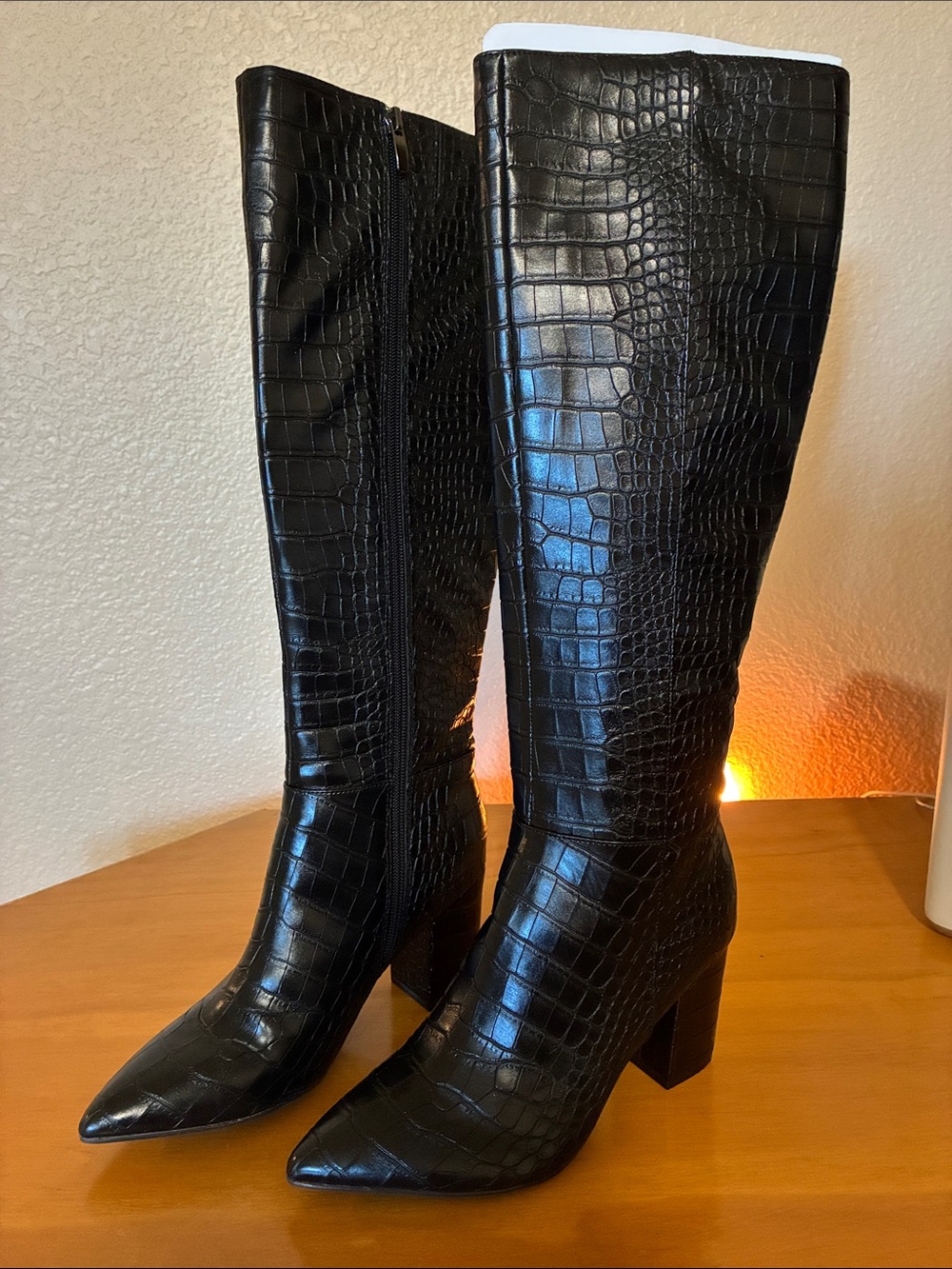 Nine West brand new Black Croc-Embossed Pointed-Toe Knee Boots
